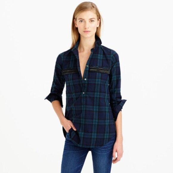 J. Crew Tartan Green Navy Plaid Beaded Chevron Popover Quarter Button Top 2 - Picture 3 of 8